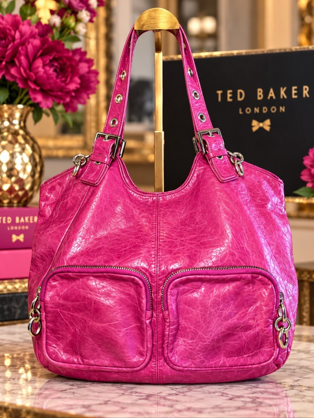 Ted Baker Pink Glazed Leather Hobo Shoulder Bag EUC